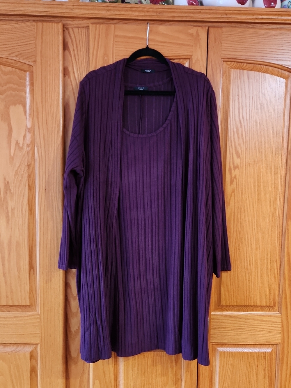 Studio Ribbed Two-Piece Tunic & Cardigan Set in Plum